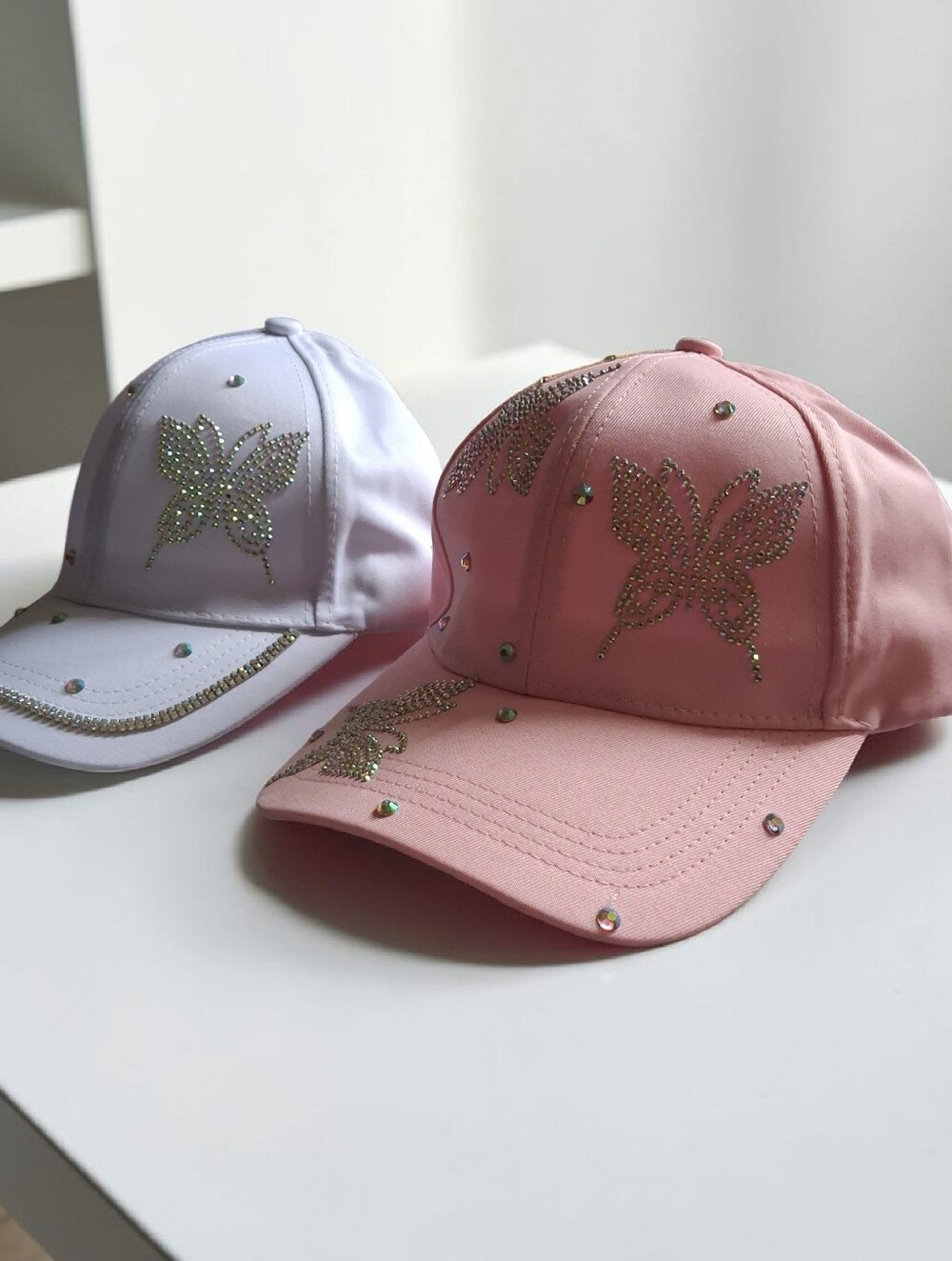 SHEIN White & Pink Rhinestone Butterfly Baseball Caps Y2K